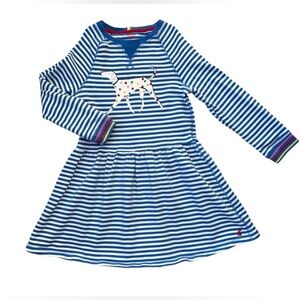 Joules blue and white stripe dress with polka dot dog. Size 5